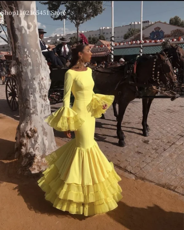 Yellow Flamenco Dress Women Mermaid Prom Dresses Spanish Ruffles Tiered Long Sleeves Evening Formal Party Wear Customized - Image 3