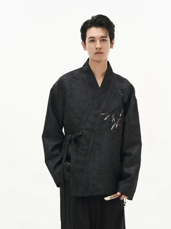 DIBINSAI "Zen Bamboo" Daoist Robe Coat, an embroidered suit featuring intricate jacquard bamboo patterns. A unique fusion of tradition and modern sophistication.