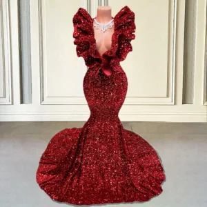 Sparkly Sequin Long Prom Dresses 2025 for Black Girl Mermaid V-Neck Ruffles Sleeveless Burgundy Formal Gala Party Evening Gown