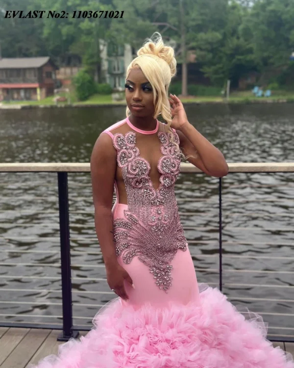 EVLAST Customized African Blush Pink Mermaid Prom Dress For Black Girls Crystal Beaded Ruffles Formal Party Evening Gown E2P85 - Image 4
