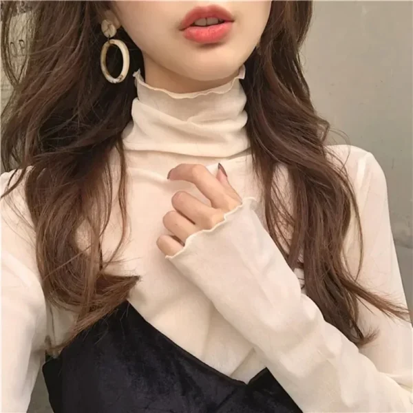 High Neck Sheer Mesh Top Women Clothing Long Sleeve Turtleneck T-shirt Korean Sexy See Through Black White Pink Purple Shirt New - Image 2