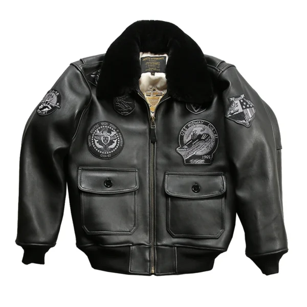 European Plus Size Bomber Jacket for Men, Wool Detachable Embroidery Real Leather, Heavy Black Lambskin