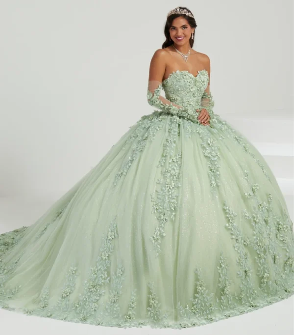 Lorencia Mint Green Quinceanera Dress 2023 Ball Gown Detachable Long Sleeve Appliques Lace Formal Party Dress Vestidos De YQD157