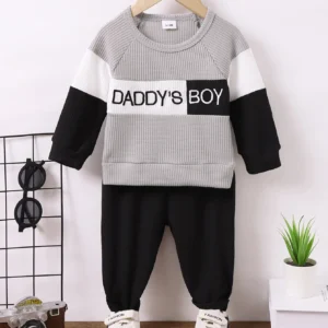 2PCS Kid Boy Clothes Set Patchwork Letter Print Long Sleeve Hoodie with Pants Autumn Fashion Sport Outfit for Children 4-7 Years