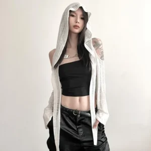 American Street Hoodie Tops Women Summer New Long Sleeve Hollow Out T-shirts Y2k Grunge Slim Fit All-match Black Tee Shirt