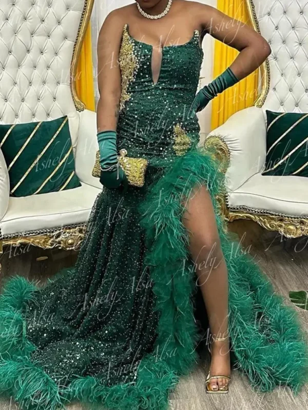 Customized Elegant Emerald Green Mermaid Evening Dress Women Sequin Feather Sexy Slit Party Occasion Dress Prom Formal Wear - Image 2