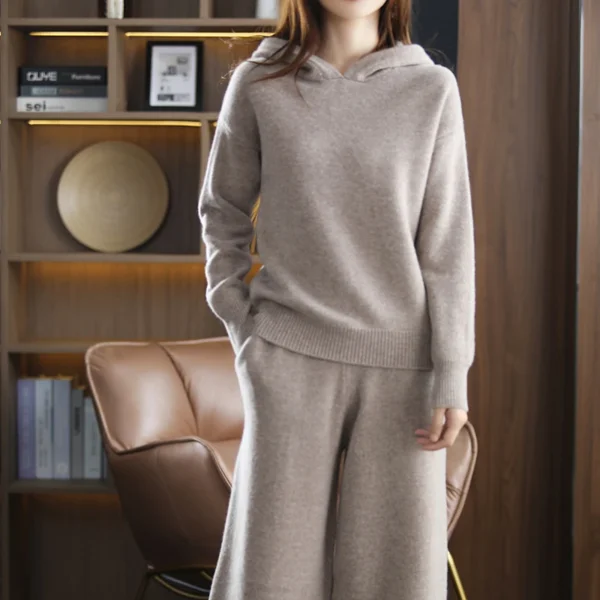 100% Cashmere Wool Set 22 New Women's Long Sleeve Hooded Sweater Casual Loose Knitted Long Wide Leg Pants Women's Pure Wool sui - Image 2