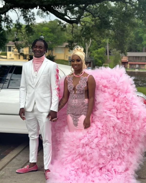 EVLAST Customized African Blush Pink Mermaid Prom Dress For Black Girls Crystal Beaded Ruffles Formal Party Evening Gown E2P85 - Image 2