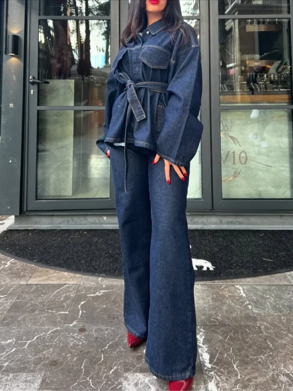 Spring Denim Belt Women Jacket Set Fashion Lace Up Single Breasted Lady Coat Sets 2025 High Waist Straight Female Pant Suit - Image 3