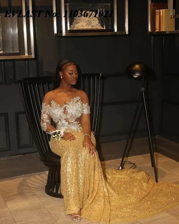 EVLAST Customized African Gold Mermaid Prom Dress Lace Beaded Aso Ebi Formal Party Gowns Wedding Reception Birthday Dress P162 - Image 5