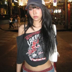 Gothic Tee Y2k Letter Print Off Shoulder Punk T-shirts Women Harajuku Summer Streetwear Grunge T Shirt Aesthetic Sexy Crop Tops