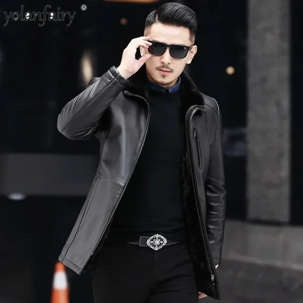 Genuine Leather Jacket for Men, Sheepskin Mink Fur Liner, Slim Wear Mid-Lapel Coat