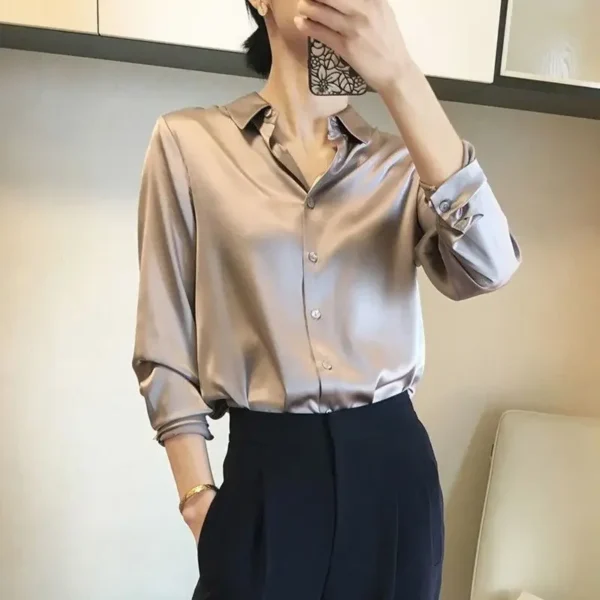 Silk Brown Clothes Wear To Work Office Outfits Long Sleeve Purple Spring Formal Tops for Women Satin Womens Shirt & Blouse Cool - Image 3