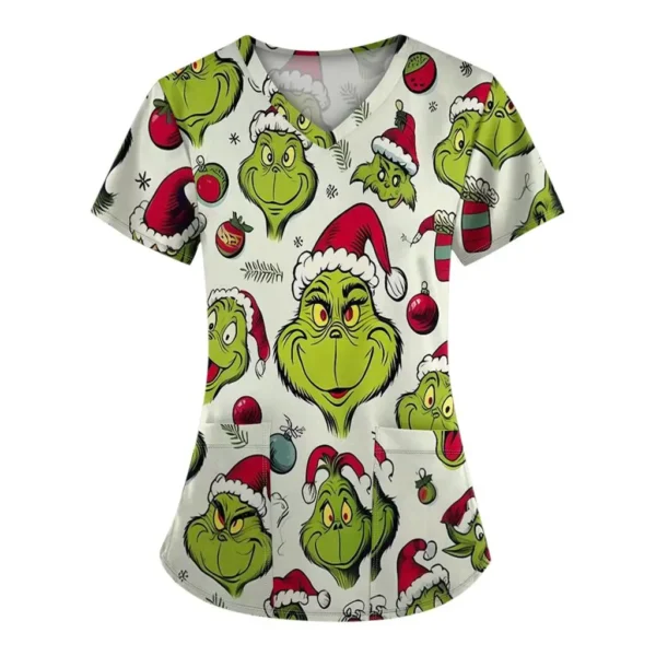 Women's Work Uniforms Christmas Anime Print Cartoon V-neck Tops Nurse Work Clothes Medical Uniforms - Image 2