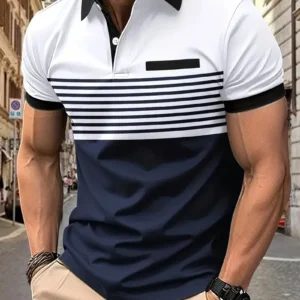 New Summer Striped 3D Printed Men’s Polo T-Shirt, Fashion Lapel Zipper Top
