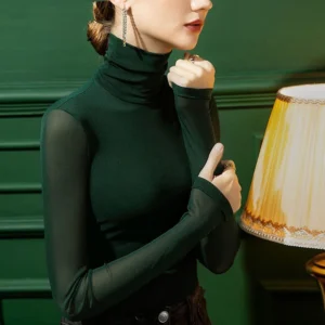 Women's Fashion New Mesh T-Shirt S-4XL Basic High-Neck Long Sleeve Shirt Women Slim Stretch Bottoming Tops Sexy Tees Ladies