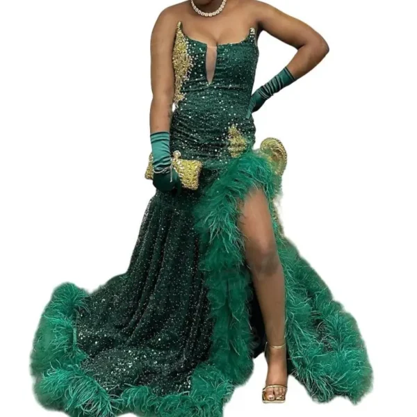 Customized Elegant Emerald Green Mermaid Evening Dress Women Sequin Feather Sexy Slit Party Occasion Dress Prom Formal Wear - Image 5