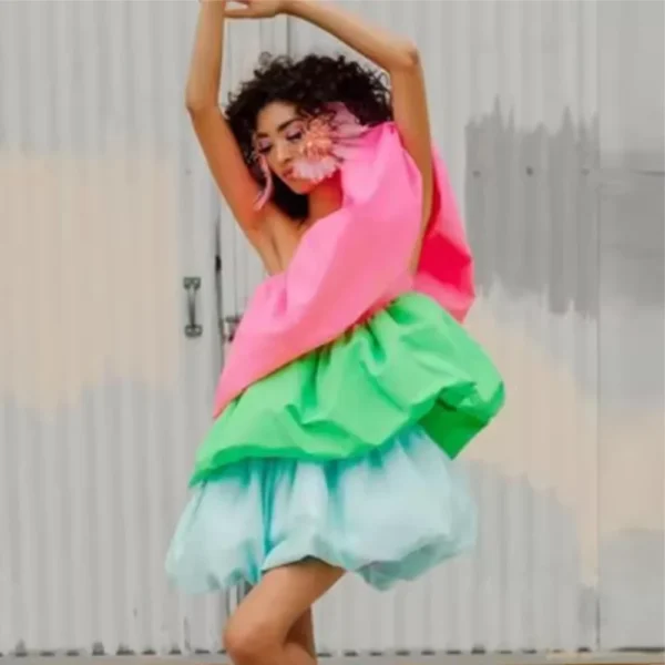 Colorful One Shoulder Short Prom Dresses Satin Tiered Pink Green And Blue Mini Evening Gowns Cocktail Formal Wear - Image 3