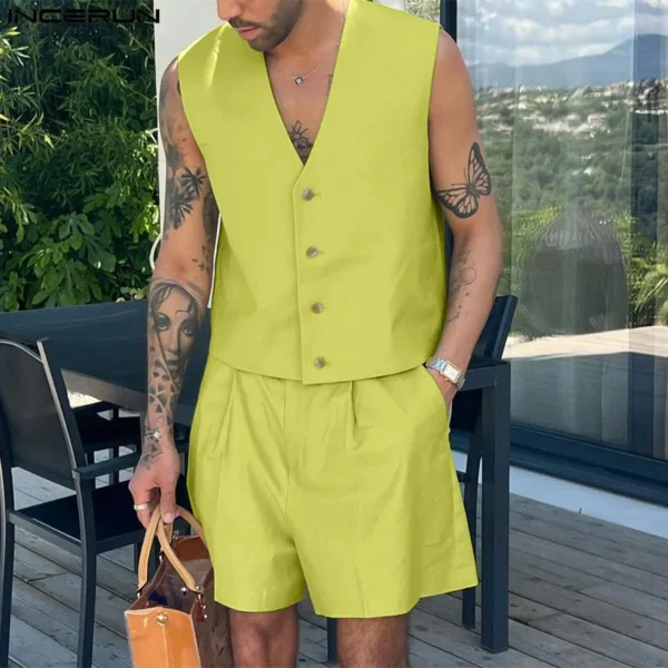 INCERUN Summer Men's 2-Piece Set, a trendy and oversized streetwear ensemble featuring a solid V-neck blouse and matching shorts for effortless fashion.