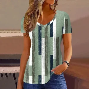 New Women's T-Shirt Summer V-Neck Tee Loose Casual Top Stripes Funny Printed Female Clothing Streetwear Women Pullover T-Shirts