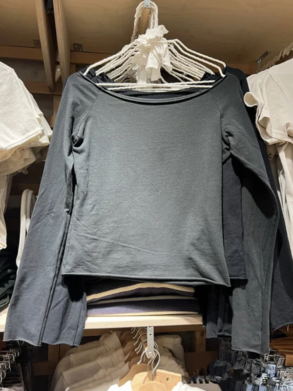 Vintage Solid Raw Trim T Shirt Women Autumn Sexy Slash Neck Cotton Long Sleeve Tees Chic Harajuku Streetwear Slim Crop Top Y2k - Image 6