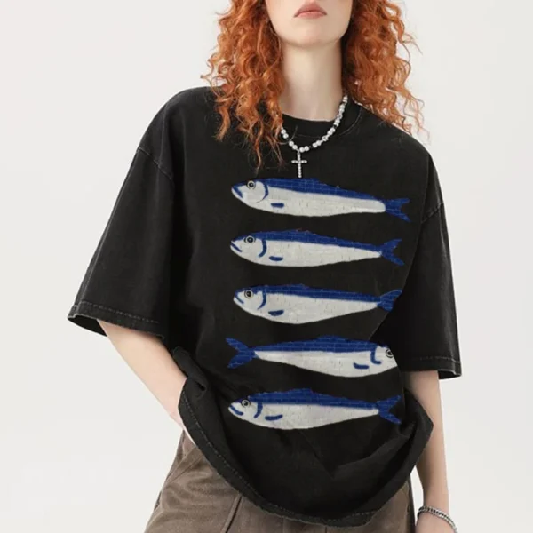 Gojo Cartoon Salted Fish Print Women's Loose T-Shirt Oversized Wash Short Sleeve Summer 2024 Fashion Design Casual Top