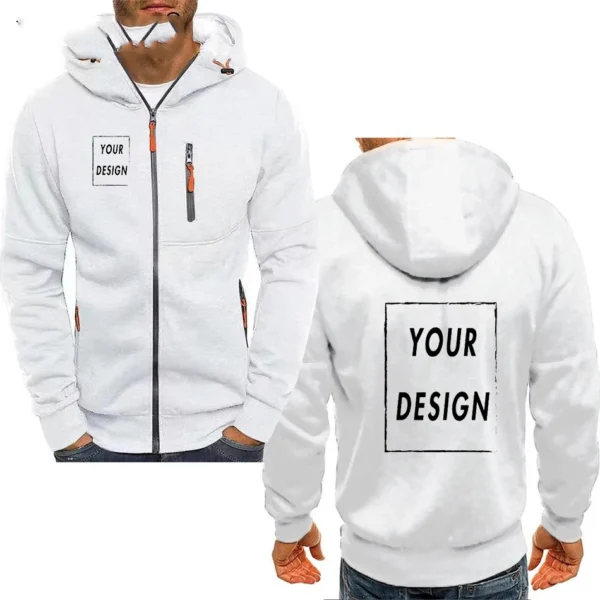 Men's Hooded Zipper Jacket With Pockets Custom Logo Image Text Casual Sports Streetwear Men's Cardigan Wool Sweater Fashion - Image 2