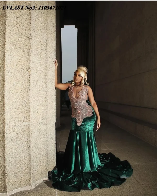 EVLAST Customized Luxury Dark Green Velvet Prom Dress Mermaid Diamond Crystal Beaded Black Girl Formal Evening Party Gown E2P135 - Image 3