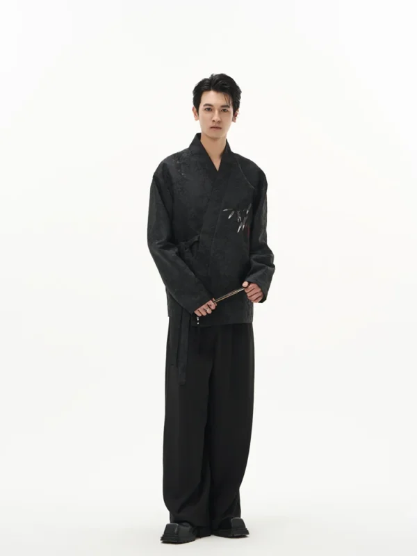 DIBINSAI "Zen Bamboo" Daoist Robe Coat, an embroidered suit featuring intricate jacquard bamboo patterns. A unique fusion of tradition and modern sophistication. - Image 4