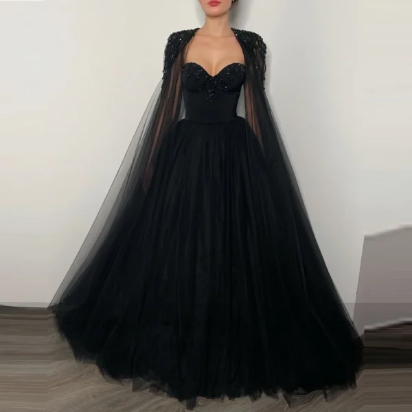 Lovestory Black Gown for Women Party Formal Evening Sweetheart Prom Dresses Beading Wraps Bride Wear Special Banquet Vestidos