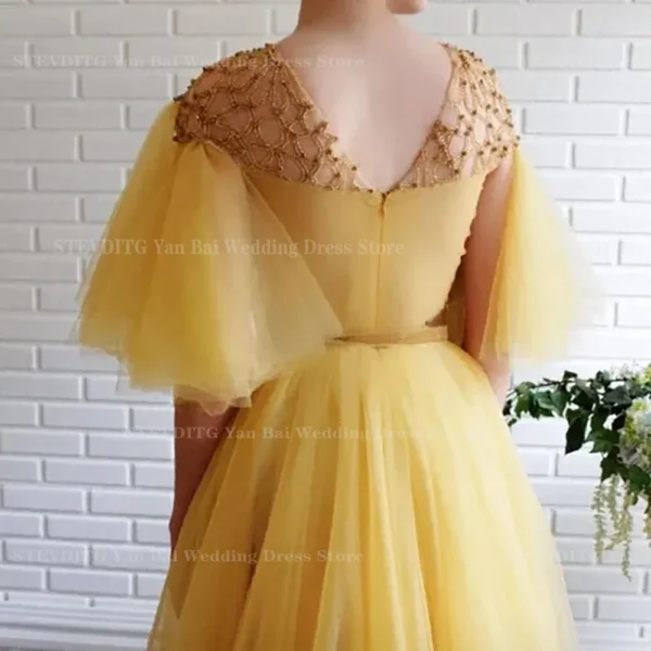 Fashion Sweet Yellow Tulle Prom Dresses For Women Chic O-Neck Beaded Floor Length Ball Gown Formal Evening Party Red Carpet Wear - Image 2