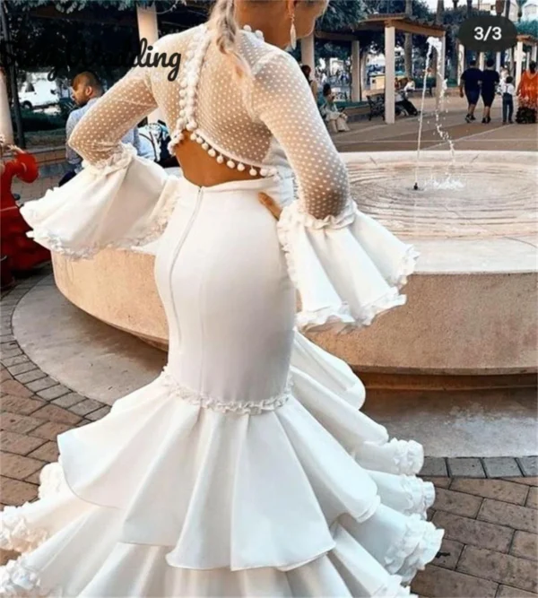 Ivory Mermaid Prom Dresses Flamenca Formal Dance Dresses Fairy Long Sleeve Polka Dots Illusion Mesh Evening Dress Customized - Image 2
