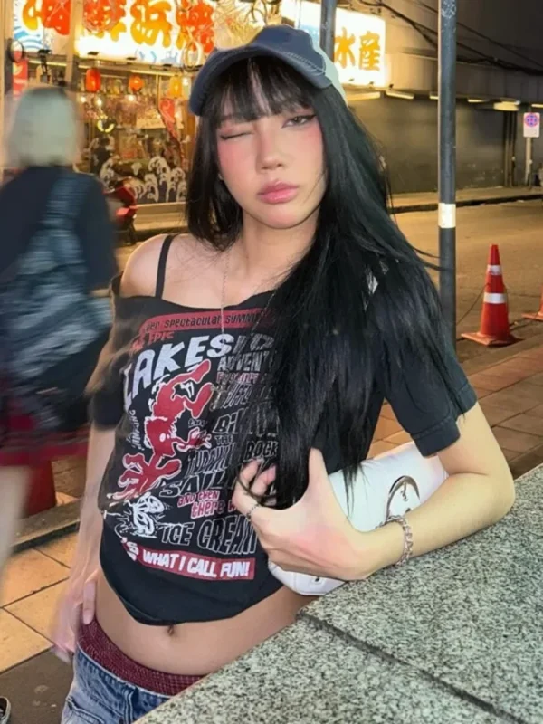 Gothic Tee Y2k Letter Print Off Shoulder Punk T-shirts Women Harajuku Summer Streetwear Grunge T Shirt Aesthetic Sexy Crop Tops - Image 2