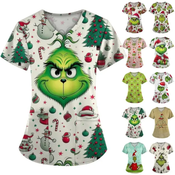 Women's Work Uniforms Christmas Anime Print Cartoon V-neck Tops Nurse Work Clothes Medical Uniforms