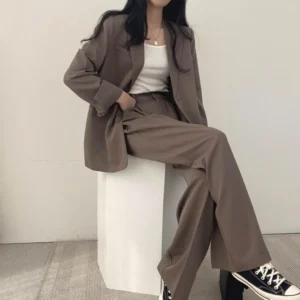 Wide Leg Suit Pants Set Elegant Women's Business Suit Set with Single-breasted Cardigan Jacket High Waist Wide for Professional