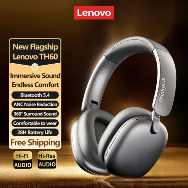 Lenovo TH60 Wireless Bluetooth 5.4 Over-Ear Headphones – 40mm Driver, 28H Battery Life, Low Latency, Game Earphones