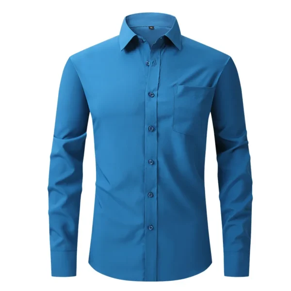 Solid Color Men's Long-sleeved Shirt, Single-breasted Square Collar Small Elastic Shirts, Suitable for Wedding/Business/Office - Image 6