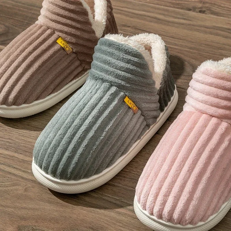 Winter Couple Style Concise Stripes Wrap Heels Plush Slippers Ladies' Non-slip Soft Warm Flip Flops Men Home Casual Cotton Shoes - Image 2