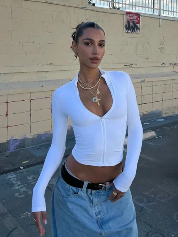 CNYISHE Solid Sexy Club Women Bodysuits Fashion Casual Zipper Long Sleeveless V-Neck Streetwear Y2k Slim Tops Tees Female Blusas - Image 3