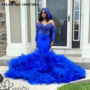 EVLAST Customized Sexy Royal Blue Ruffles African Prom Dress For Black Girls Cape Crystal Beads Mermaid Formal Party Gown E2P197