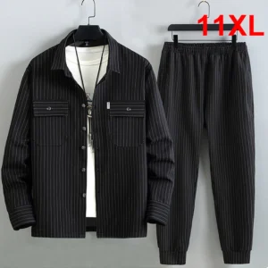 Men’s Plus Size Stripe Sets, available up to 10XL for a bold yet comfortable autumn-winter fashion statement. A cargo-style jacket and pants ensemble for big-size fashion.