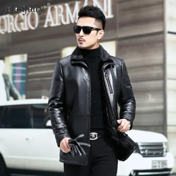 Genuine Leather Jacket for Men, Sheepskin Mink Fur Liner, Slim Wear Mid-Lapel Coat - Image 4