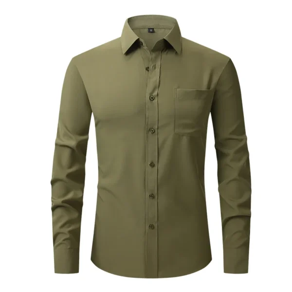 Solid Color Men's Long-sleeved Shirt, Single-breasted Square Collar Small Elastic Shirts, Suitable for Wedding/Business/Office - Image 4