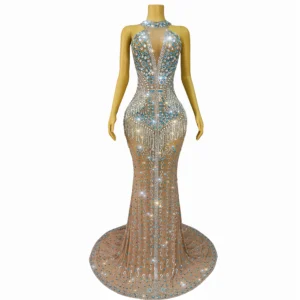 Luxury Heavy Trailing dress Sparkly Rhinestones Crystals chain Mesh Gown Women Evening Prom Red carpet Stage Costume Lancaihua