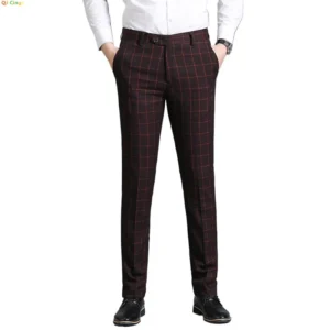 Burgundy Men's Suit Pants, Business Casual Plaid Trousers, Asian Size 29-38, Blue Gray Available, Black Striped Pant