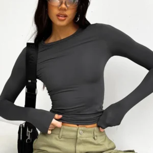 Long Sleeve Black T-Shirt Women Autumn Slim Tops Round Neck Solid Color Female Tops 2023 Casual Winter Tee Base Layer