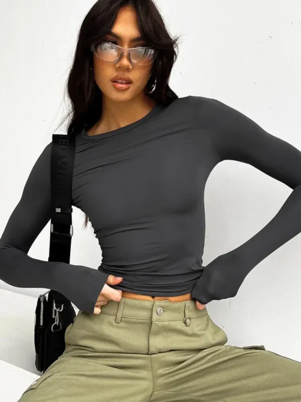 Long Sleeve Black T-Shirt Women Autumn Slim Tops Round Neck Solid Color Female Tops 2023 Casual Winter Tee Base Layer