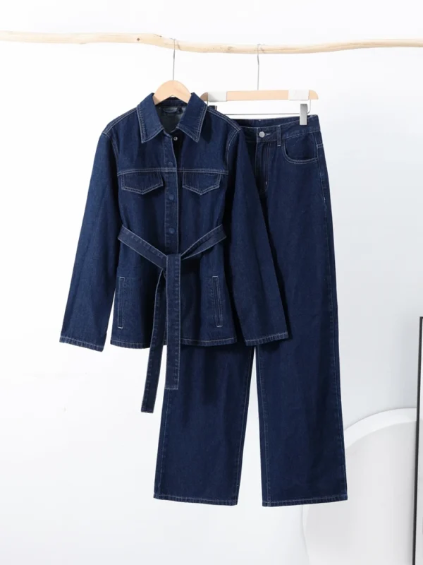 Spring Denim Belt Women Jacket Set Fashion Lace Up Single Breasted Lady Coat Sets 2025 High Waist Straight Female Pant Suit - Image 5