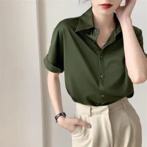 Women's Summer Short Sleeve Silk Shirt New Style Interview Formal Draped Top Green Vintage Hong Kong Flavor Women's Blouse