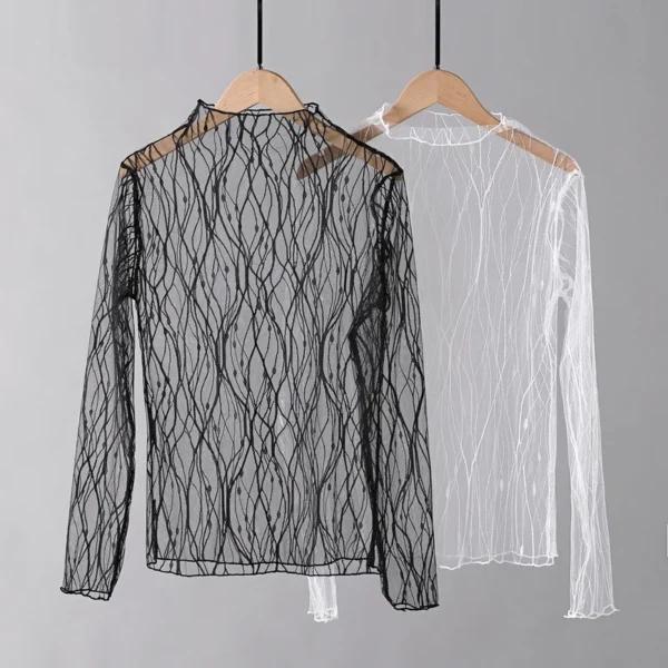 Elegant Lace T-shirt For Women Mesh Long Sleeve Tops Hot Sexy Transparent High Neck Black Lace Bottoming Shirts Punk Tee Tops - Image 5
